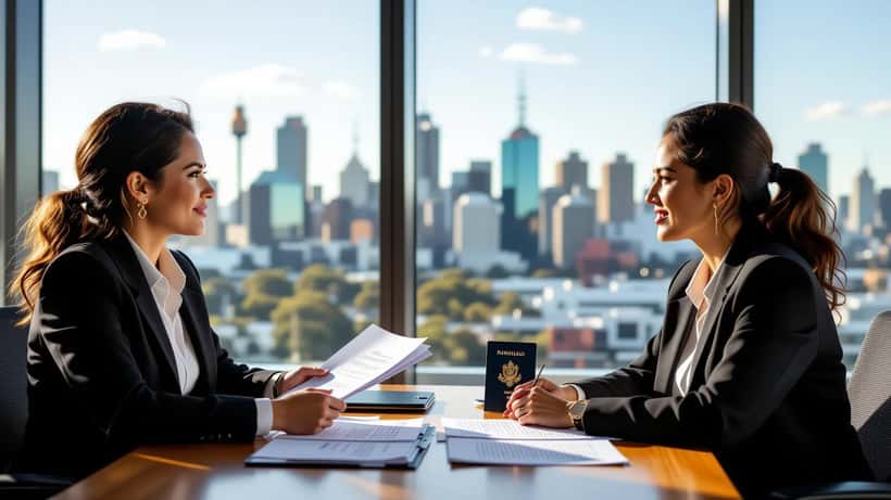 New Zealand woman reviewing Australian citizenship documents with a lawyer in a Sydney office