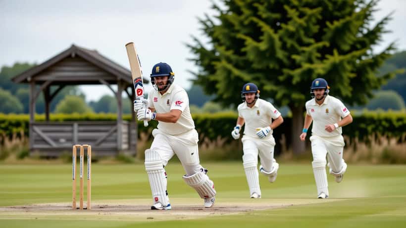 Amateur club cricketer clutching his hamstring in pain after a run between the wickets on a village green