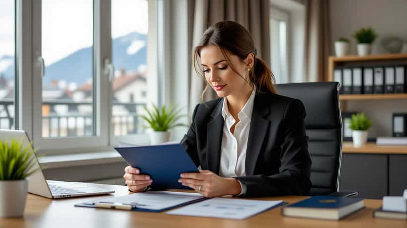 Professionnel suisse révisant ses documents de succession et d'assurance-vie, passeport et billets d'avion visibles sur le bureau