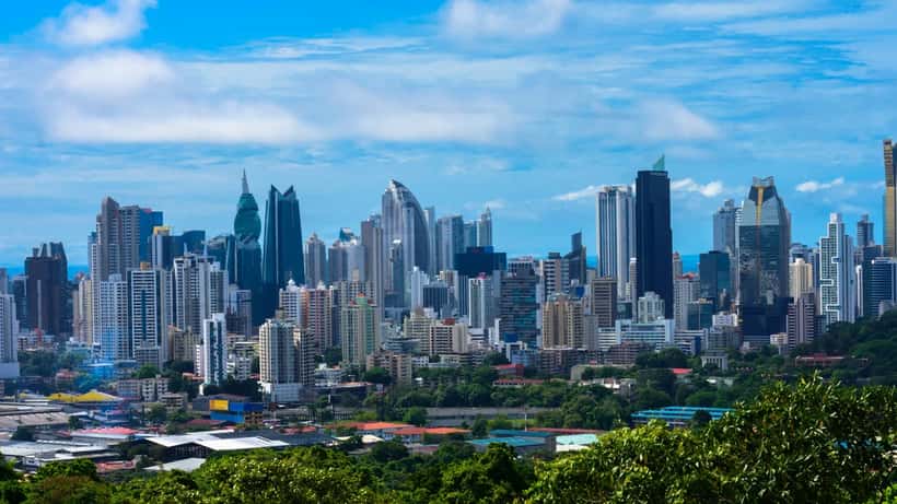 Panama City skyline with modern skyscrapers and Bay of Panama