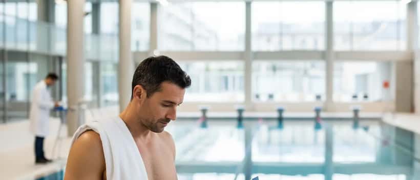 Nageur de haut niveau au bord d'une piscine olympique, consultant un médecin du sport sur sa reconversion