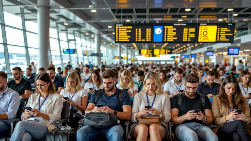 Reisende nutzen ihre Smartphones im vollen Abflugbereich des Flughafens Wien-Schwechat im Sommer 2026