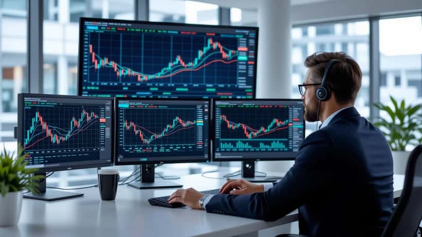 Wealth manager analyzing DJIA futures charts in a modern office
