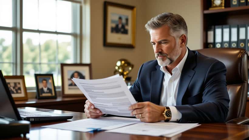 Kentucky head football coach reviewing contract documents at a university office in Lexington, 2026