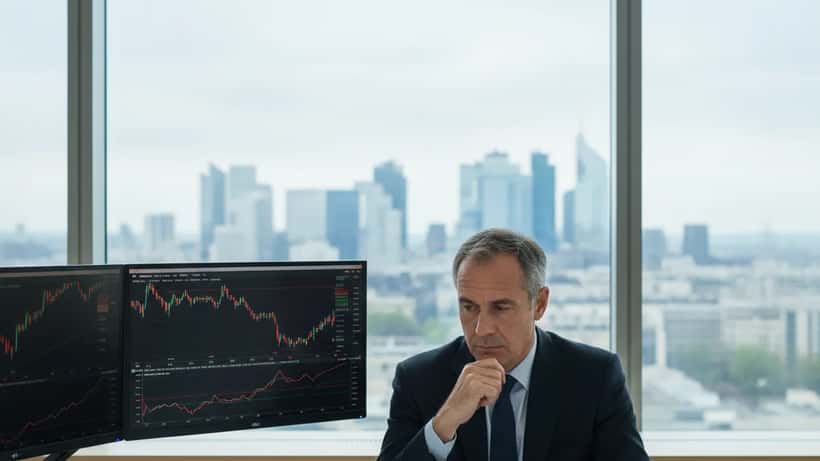 Conseiller en gestion de patrimoine analysant des documents financiers dans un bureau parisien de La Défense face à une incertitude géopolitique