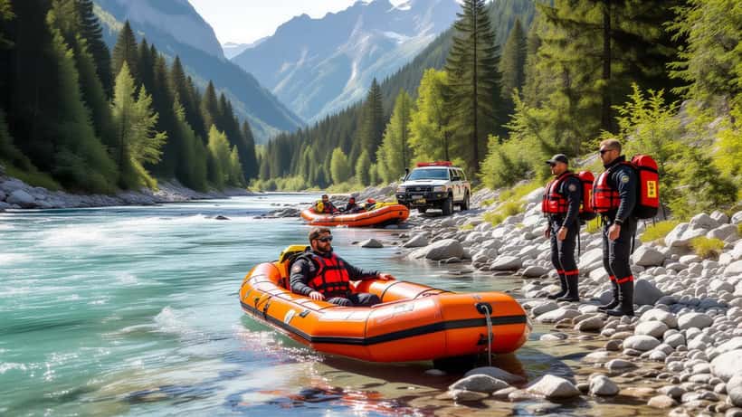 Plongeur de secours sur les rives de la Reuss en Argovie, canot pneumatique chaviré visible sur les rochers