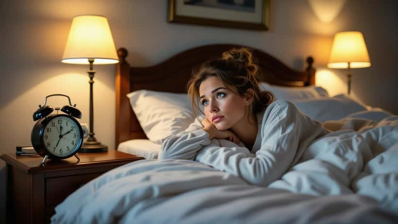 Frau liegt schlaflos im Bett und schaut auf Wecker bei der Zeitumstellung 2026