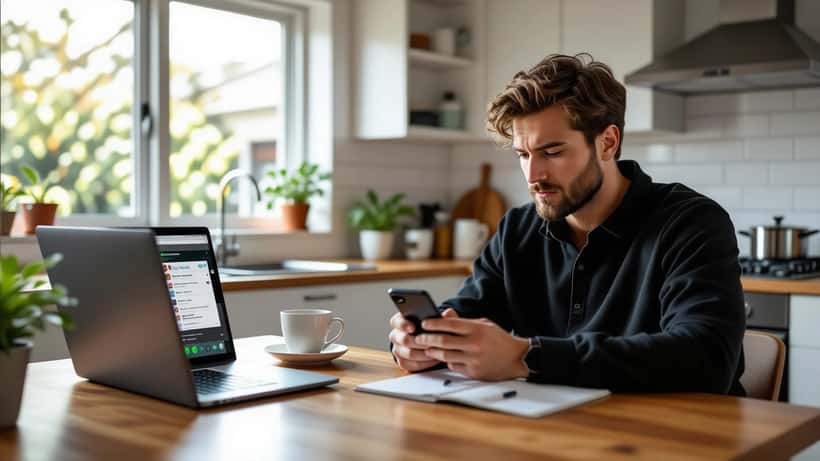 Australian consumer checking Spotify subscription terms on smartphone at home with ACCC website open on laptop
