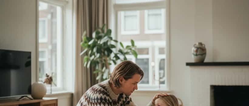 Ouder controleert temperatuur van ziek kind op de bank in een Nederlandse woonkamer