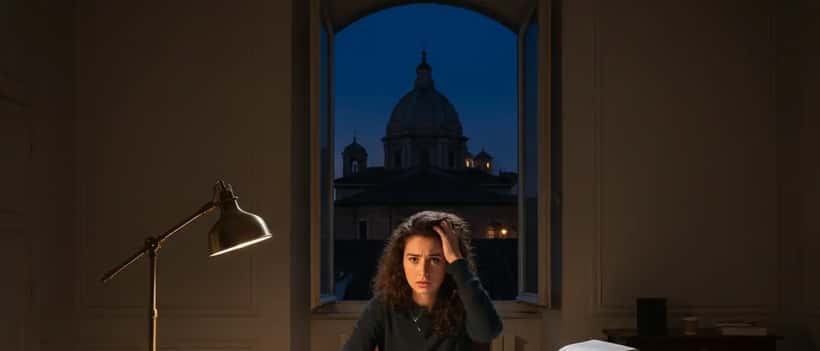 Studente adolescente che studia di notte, libri e appunti sul tavolo, espressione ansiosa