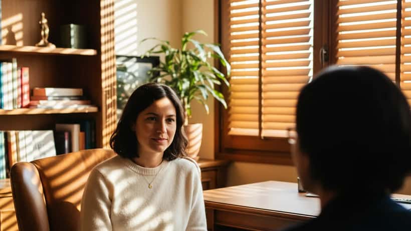Psychologue en consultation à Lyon avec un patient, lumière naturelle douce, ambiance bienveillante