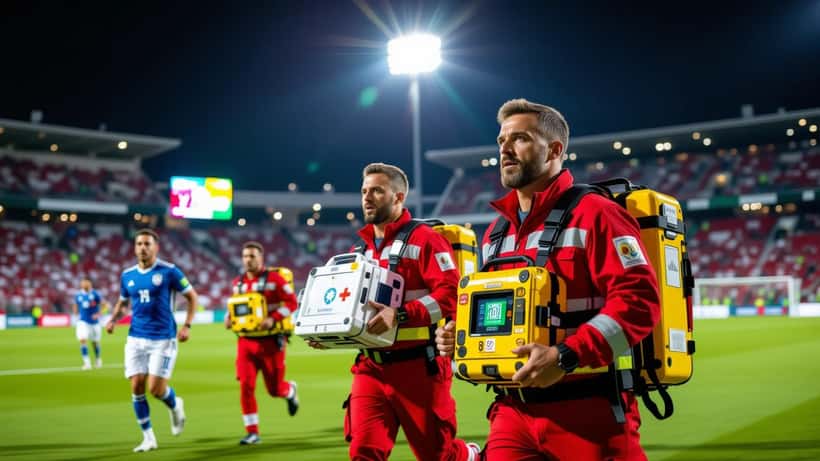 Paramédicos com desfibrilhador no relvado de um estádio de futebol português durante um jogo noturno