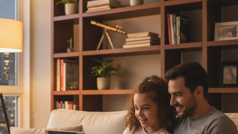 Pai e filha brasileiros assistindo ao lançamento da Artemis II juntos num apartamento em São Paulo