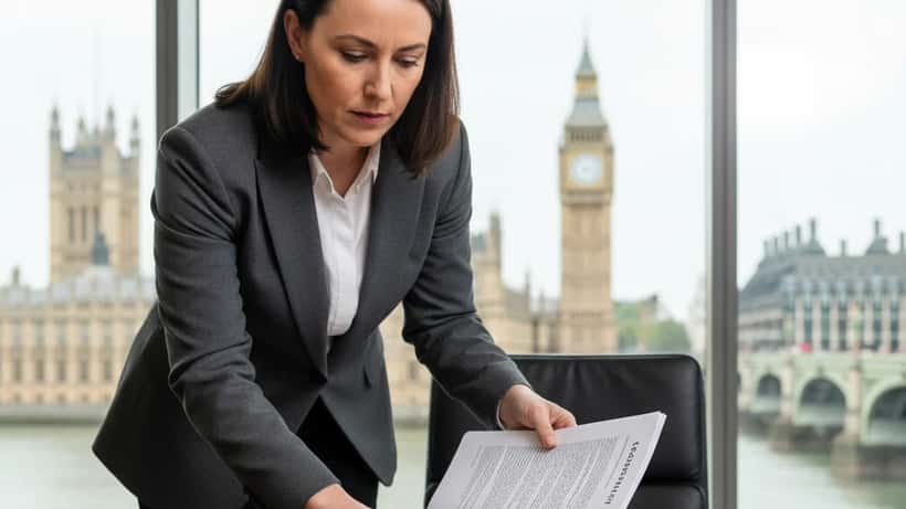 British female sports lawyer in grey blazer reviewing a boxing contract in a modern London office