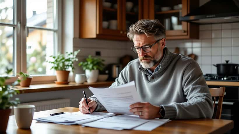 Man granskar testamente och pensionsdokument på köksbord i Stockholm