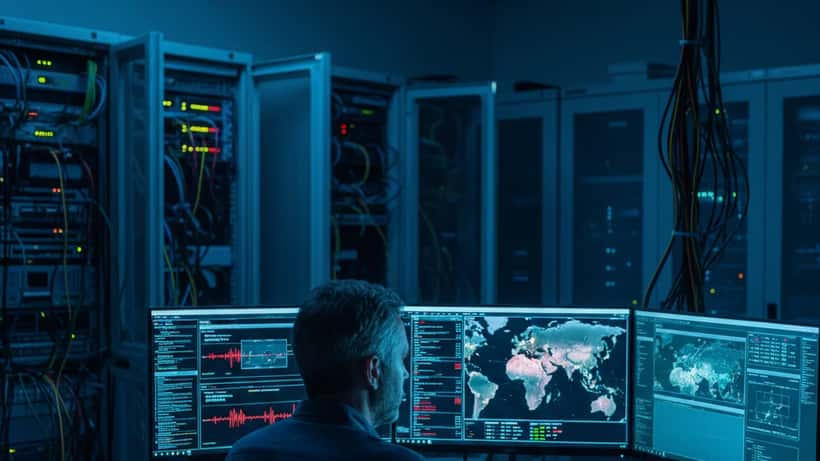 Consultant en cybersécurité surveillant des alertes réseau sur plusieurs écrans dans un bureau parisien