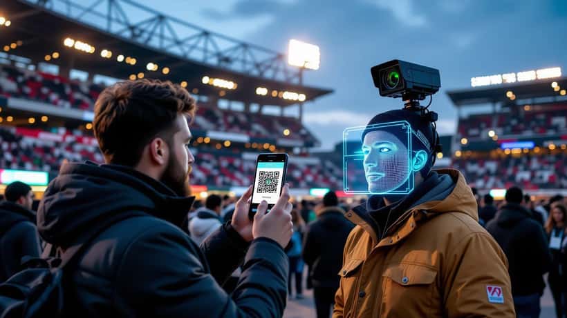Caméra de reconnaissance faciale scannant le visage d'un supporter présentant un code QR à l'entrée d'un stade de la Liga MX