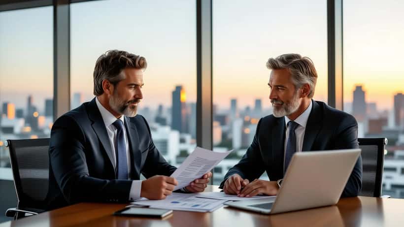 Consultor patrimonial brasileiro analisando documentos de investimento com cliente em escritório financeiro em São Paulo