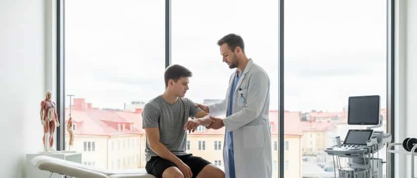 Svensk idrottsläkare undersöker en atlet i ett modernt idrottsmedicinskt centrum i Göteborg