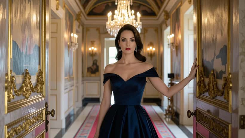 Figura feminina em corredor barroco dourado, instante de tensão antes da passadeira vermelha dos International Emmy Awards 2026 em Queluz