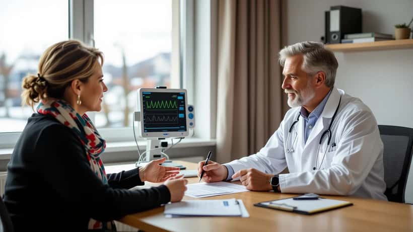 Läkare och patient diskuterar rehabiliteringsplan efter allvarlig sjukdom i modernt konsultationsrum