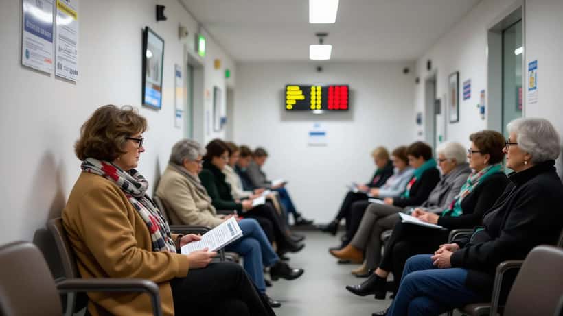 Utente numa sala de espera do SNS a segurar senha de atendimento enquanto aguarda consulta