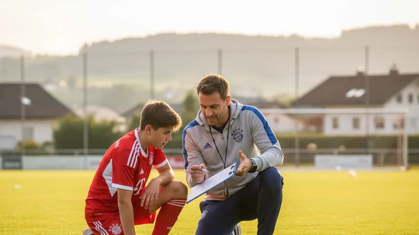 Sportcoach erklärt Taktik einem jungen Fußballer auf dem Trainingsplatz in München