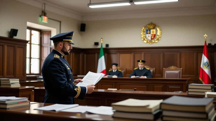 Carabinieri con documenti di condanna in un'aula di tribunale italiana a Busto Arsizio