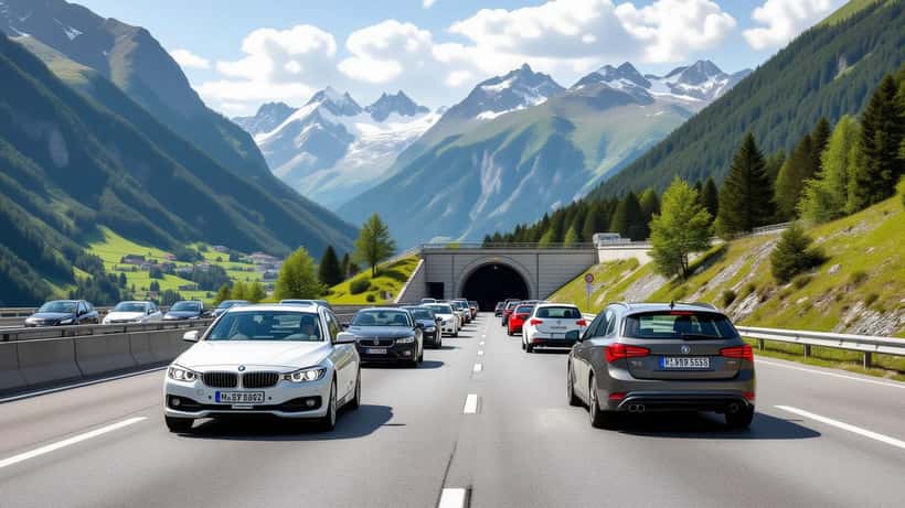 File de voitures à l'arrêt devant le portail nord du tunnel du Gothard, une voiture en panne capot ouvert sur la bande d'arrêt d'urgence