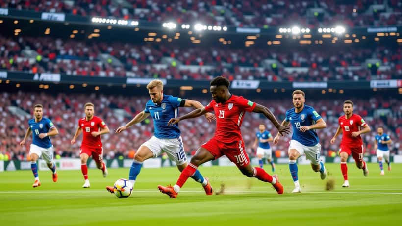 Jogo de futebol internacional entre as seleções da Noruega e França num estádio cheio