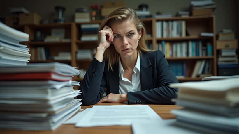 Vrouw beoordeelt stapels echtscheidingsdocumenten op een rommelig kantoor van een advocaat