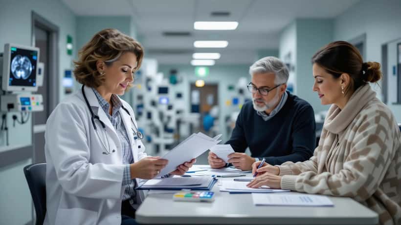 Oncologa in un corridoio d'ospedale esamina la cartella clinica con un paziente e la moglie