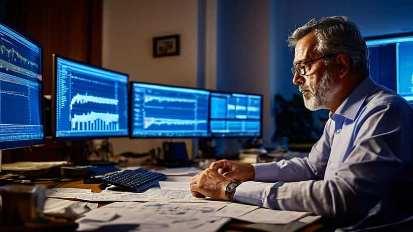 Consultor financeiro em Lisboa a analisar gráficos de bolsa europeios em monitor