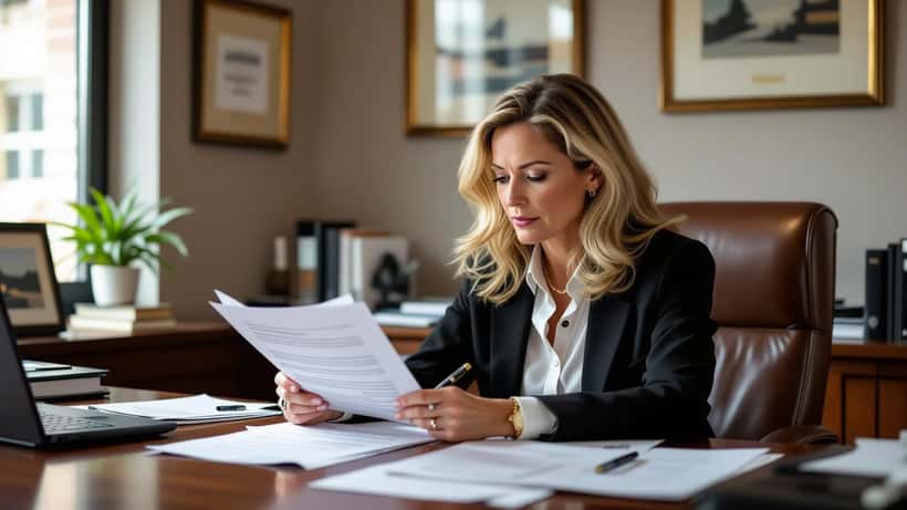 Femme consultant des documents de succession chez un notaire à Montréal