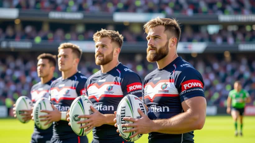 Australian man checking sports betting app on phone with NRL match on TV in background