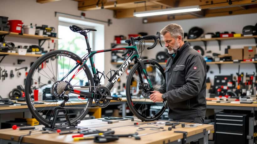 Mécanicien inspectant le cadre carbone et la transmission d'un vélo de route dans un atelier suisse
