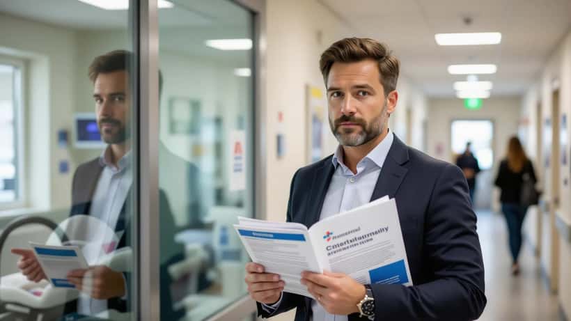 Père anxieux dans un couloir de maternité parisienne tenant un document sur le congé paternité