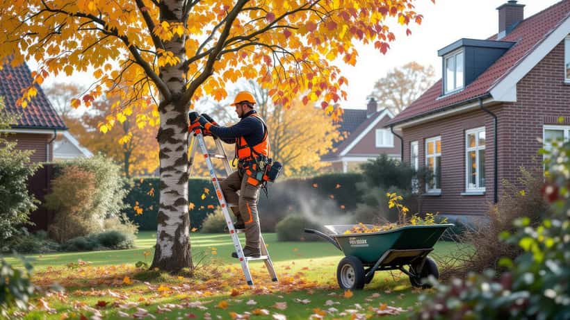 Arborist beskærer birketræ i dansk efterårshave med rødstens hus i baggrunden