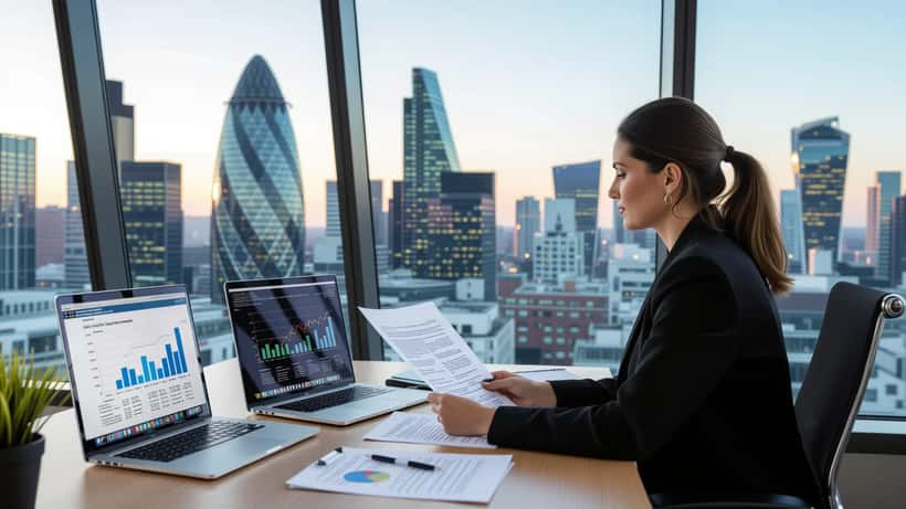 Financial adviser reviewing UK-Saudi Double Taxation Agreement documents in a City of London wealth management office