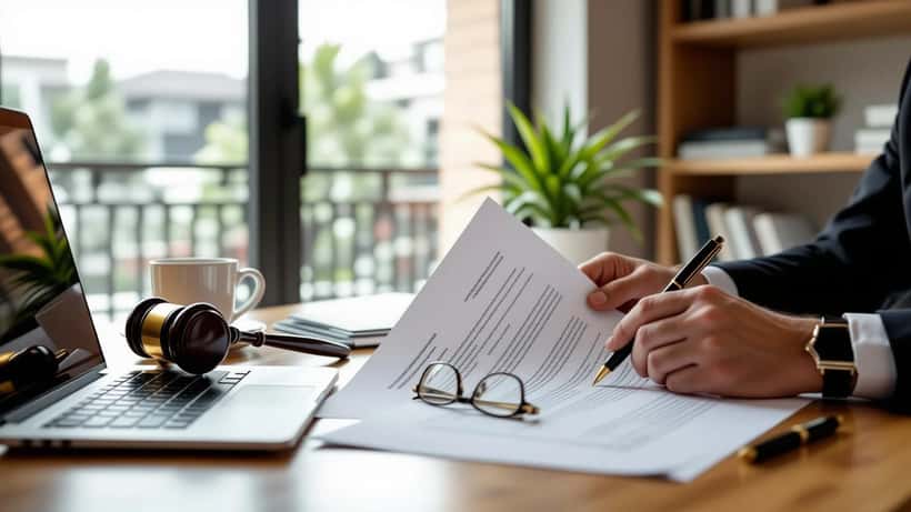 Advocaat en spelersmakelaar bekijken een arbeidscontract op een bureau, pen boven de handtekeningregel.