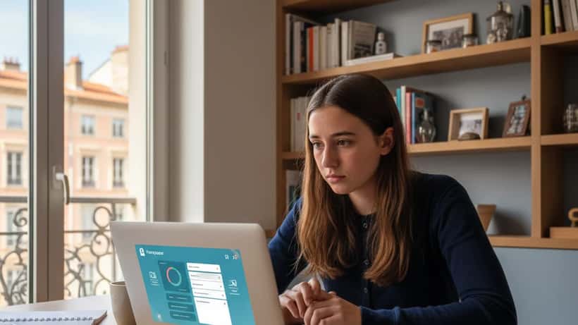 Lycéenne stressée devant son ordinateur consultant Parcoursup 2026