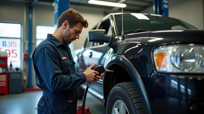 Canadian mechanic checking fuel efficiency on a pickup truck as gas prices rise amid European jet fuel shortage