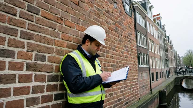 Nederlandse bouwkundige inspecteert diagonale scheur in bakstenen buitenmuur van een grachtenpand in Amsterdam