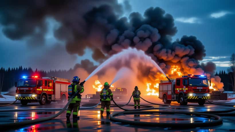 Teollisuushallin tulipalo Lahelassa Tuusulassa 14.10.2026 — savua ja liekkejä
