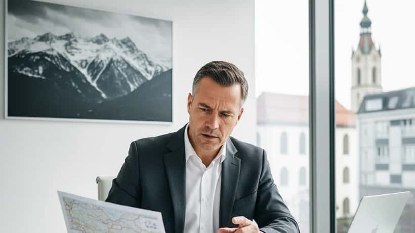 Deutscher Geschäftsmann prüft Steuerunterlagen mit Andorra-Karte
