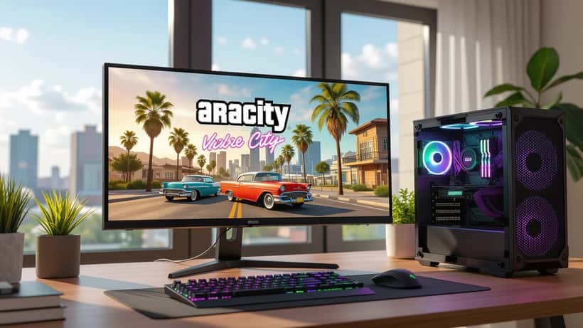 Jogador no Brasil preparando o PC para o lançamento de GTA 6 em 2026, com setup gamer iluminado e tela exibindo a cidade de Vice City