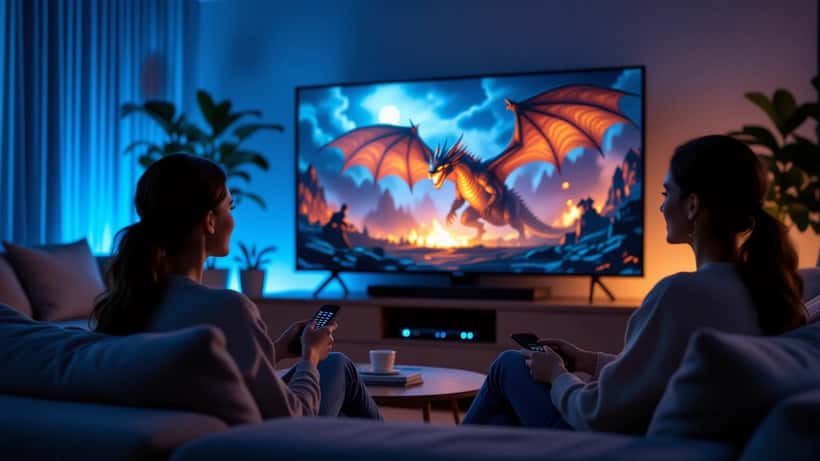 Australian woman watching House of the Dragon Season 3 on a large OLED TV with soundbar in a darkened living room