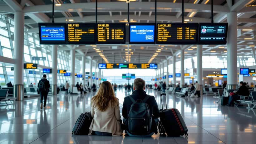 Passagiers wachten op vertrek bij een vertraagd FlyDubai-vlucht op Dubai International Airport