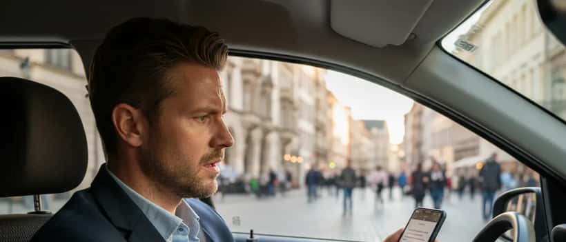 Fahrer sitzt im Auto und schaut besorgt auf sein Smartphone mit rechtlichen Dokumenten