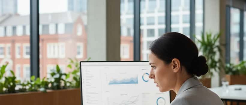 Professional woman looking at laptop error screen in London tech office during AI service outage